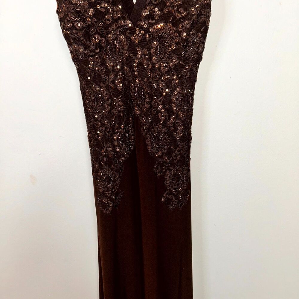 Xscape Maxi Dress Womens 10 Maroon Embellished Ruched Back Deep V-Neck Cocktail - Picture 4 of 11